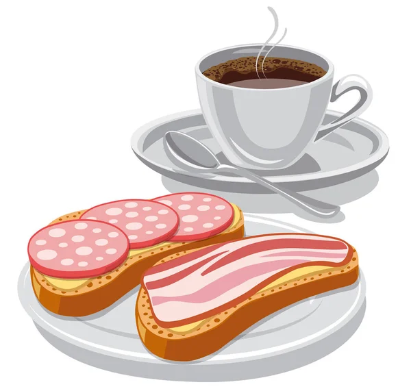 用咖啡和三明治做早餐的例证 — 图库矢量图片