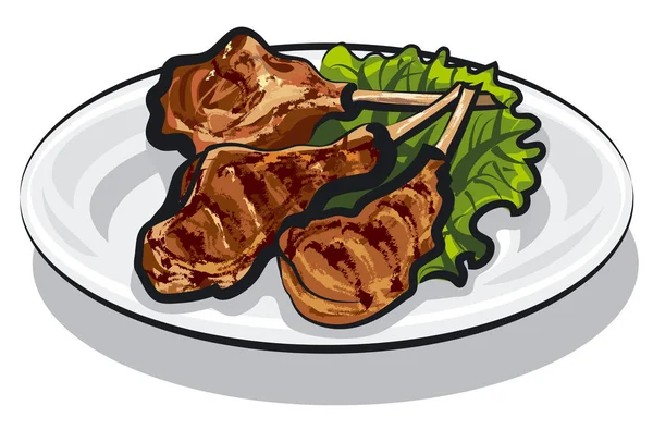 Illustration Von Gegrillten Lammkoteletts Mit Salat — Stockvektor