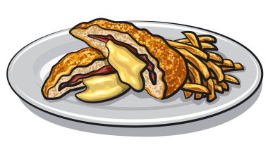 illustration of escalope with fries on a plate clipart