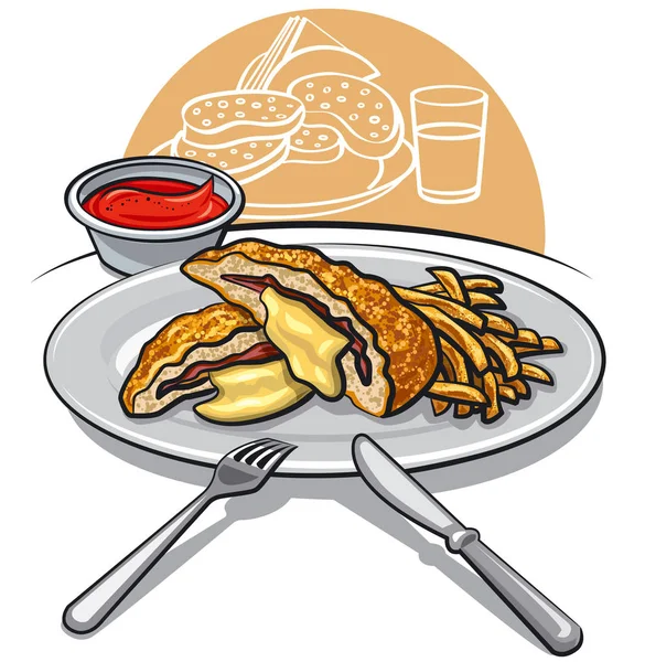 Illustration Von Schnitzel Mit Pommes Auf Einem Teller Mit Tomatensauce — Stockvektor