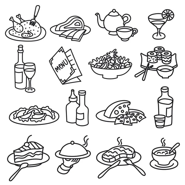 餐厅和咖啡厅的食品和菜肴的轮廓图标集 — 图库矢量图片