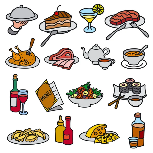 Conjunto Iconos Para Restaurante Cafetería Comida Platos — Vector de stock