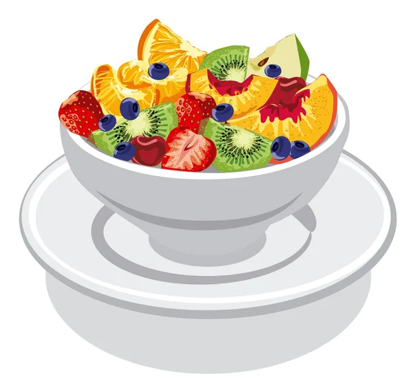 新鲜水果沙拉配桃 猕猴桃和樱桃在碗里的插图 — 图库矢量图片