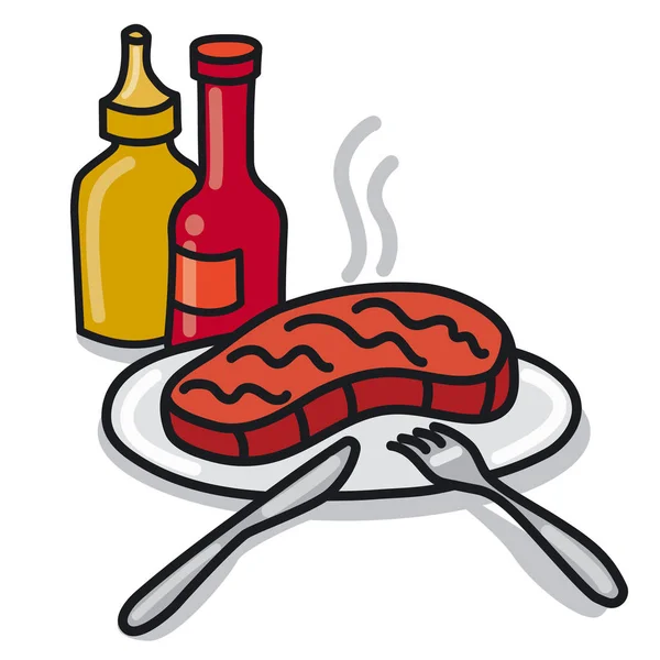 Ilustração Bife Assado Prato Com Ketchup Molho —  Vetores de Stock