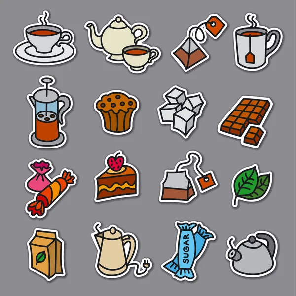 甜点和茶贴纸和徽章的插图 — 图库矢量图片