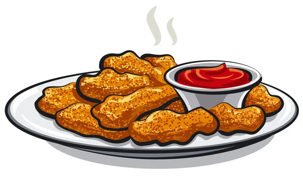 Pepitas de pollo con salsa de tomate — Vector de stock