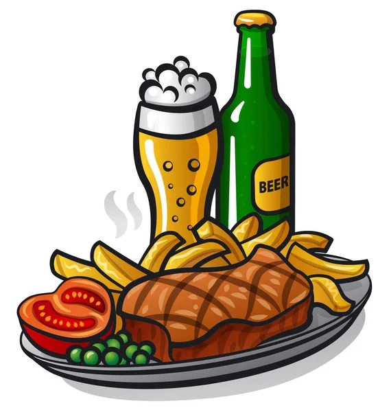 Steak de boeuf et bière — Image vectorielle