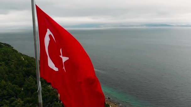 Aerial View Waving Huge Turkish Flag — Stock Video