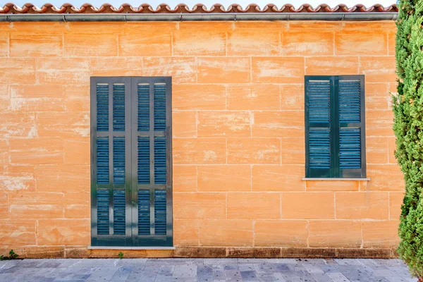 青い扉とオレンジ色の壁に青い窓 — ストック写真