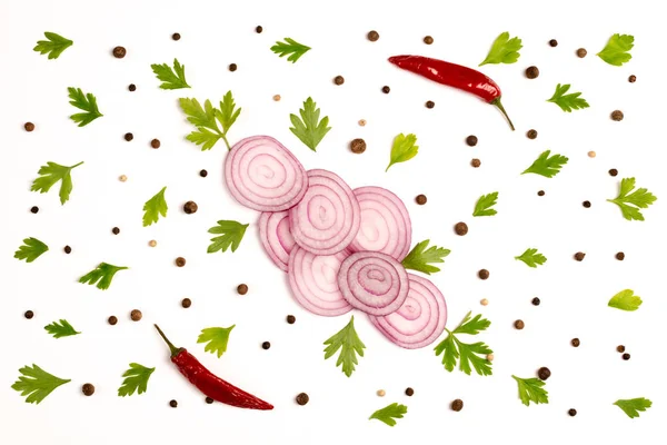 Muster Von Gemüse Lebensmittel Hintergrund Komposition Aus Roten Zwiebeln Chilischoten — Stockfoto