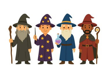 Group of four male characters in wizard costumes with staffs, wands and potion bottle. Flat cartoon vector illustration. Magic and fantasy role play concept for design and print. Vector illustration