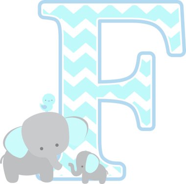 ilk f sevimli fil ve beyaz arka plan üzerinde izole küçük bebek fil. Babalar günü kartı, Bebek Çocuk Doğum Duyurular, çocuk odası dekorasyon, parti tema veya Doğum günü daveti için kullanılabilir