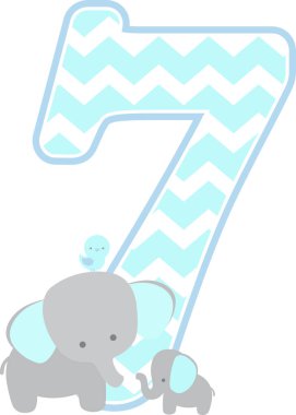 Beyaz arka plan üzerinde izole sayı 7 ile sevimli fil ve küçük bebek fil. Babalar günü kartı, Bebek Çocuk Doğum Duyurular, çocuk odası dekorasyon, parti tema veya Doğum günü daveti için kullanılabilir