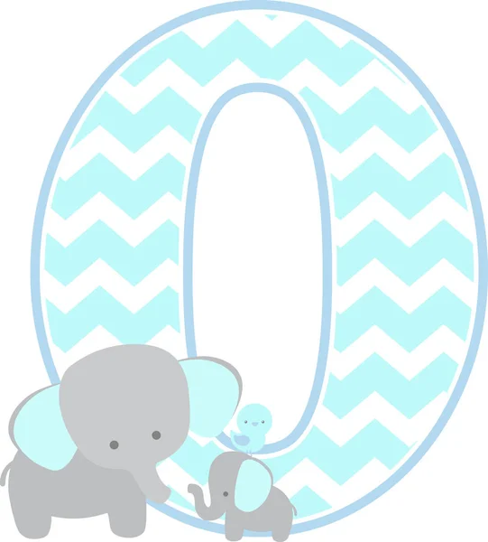 数字0与可爱的大象和小婴孩大象隔绝在白色背景 可用于父亲节贺卡 男婴出生通知 苗圃装饰 聚会主题或生日请柬 — 图库矢量图片