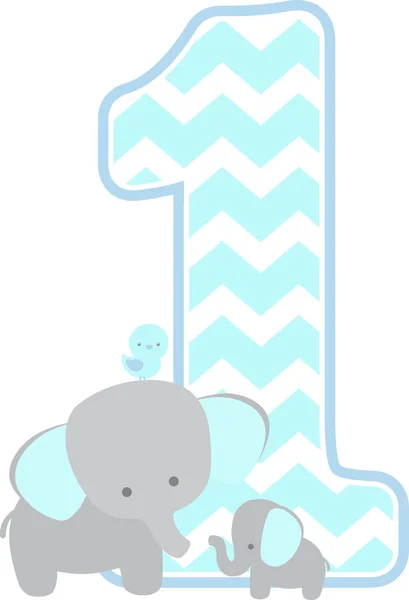 数字1与雪佛龙模式 可爱的大象和小婴儿大象孤立在白色的背景 可用于父亲节贺卡 男婴出生通知 苗圃装饰 聚会主题或生日请柬 — 图库矢量图片