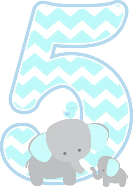 数字5与可爱的大象和小婴孩大象隔绝在白色背景 可用于父亲节贺卡 男婴出生通知 苗圃装饰 聚会主题或生日请柬 — 图库矢量图片