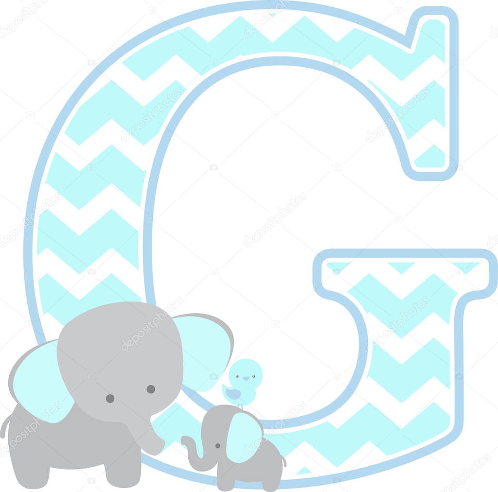 initial g with cute elephant and little baby elephant isolated on white background. can be used for father's day card, baby boy birth announcements, nursery decoration, party theme or birthday invitation