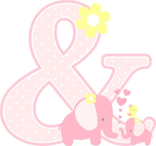 Ampersand Symbool Met Leuke Olifant Kleine Babyolifant Geïsoleerd Wit Kan — Stockvector