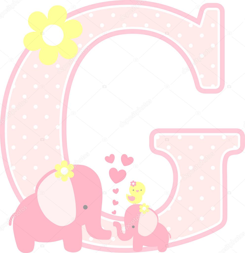 initial g with cute elephant and little baby elephant isolated on white. can be used for mother's day card, baby girl birth announcements, nursery decoration, party theme or birthday invitation