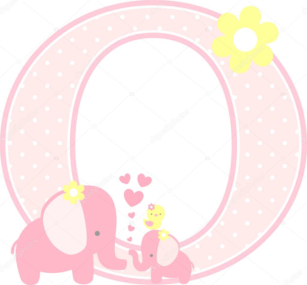 initial o with cute elephant and little baby elephant isolated on white. can be used for mother's day card, baby girl birth announcements, nursery decoration, party theme or birthday invitation