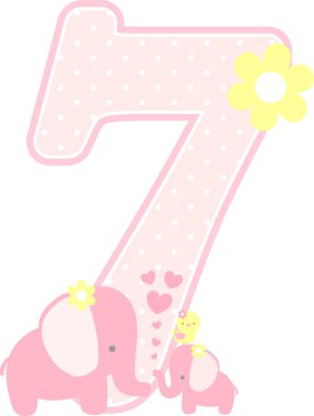 beyaz izole sayı 7 ile sevimli fil ve küçük bebek fil. anneler günü kartı, Bebek kız Doğum Duyurular, çocuk odası dekorasyon, parti tema veya Doğum günü daveti için kullanılabilir