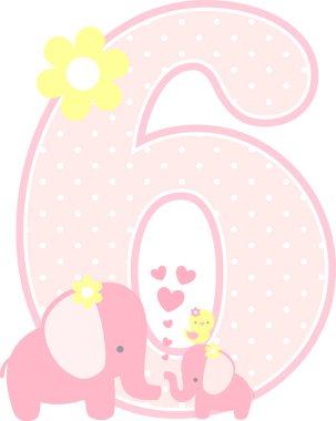 beyaz izole sayı 6 ile sevimli fil ve küçük bebek fil. anneler günü kartı, Bebek kız Doğum Duyurular, çocuk odası dekorasyon, parti tema veya Doğum günü daveti için kullanılabilir
