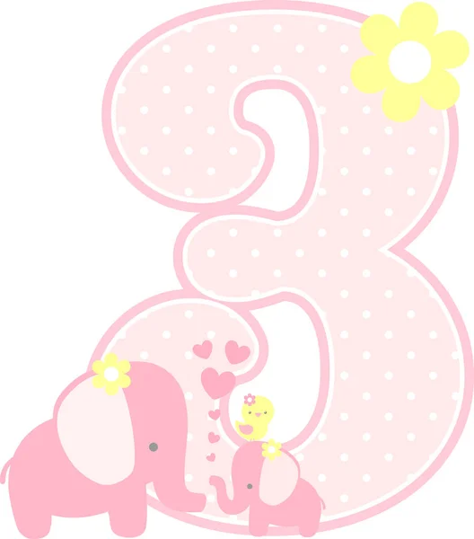 数字3与可爱的大象和小婴孩大象被隔绝在白色 可用于母亲节贺卡 女婴出生通知 苗圃装饰 聚会主题或生日请柬 — 图库矢量图片