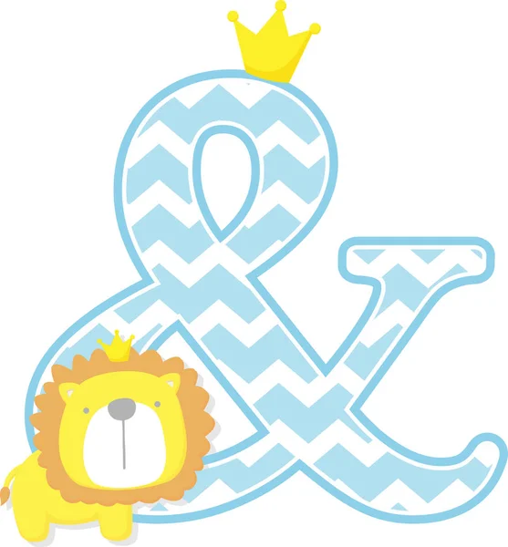 Simbolo Ampersand Con Simpatico Piccolo Leone Con Corona Oro Isolato — Vettoriale Stock