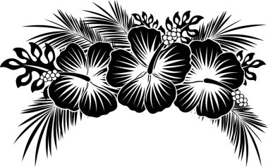 hibiscus flowers with tropical leaves in black and white  clipart