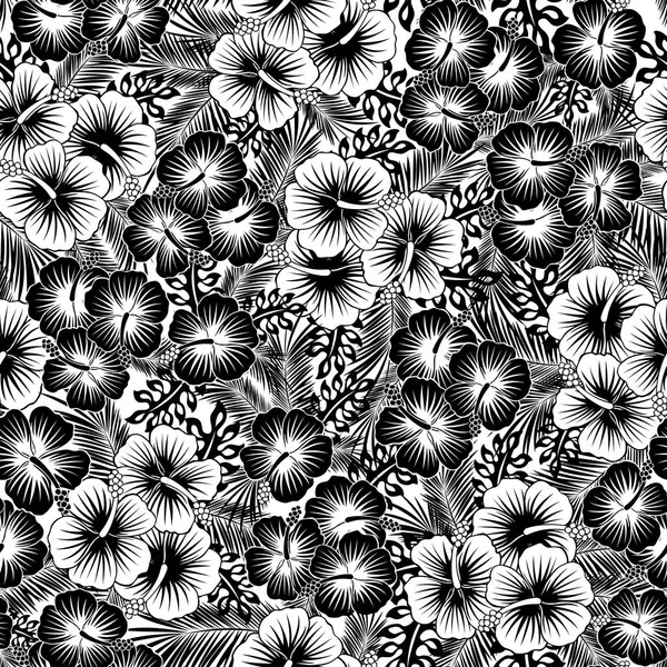 Motif Sans Couture Fleurs Hibiscus Feuilles Tropicales Noir Blanc — Image vectorielle
