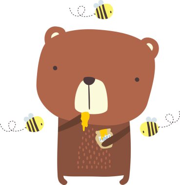 sevimli ayı ile bal kavanozu ve arılar üzerinde izole beyaz zemin üzerinde. Bebek ve chindren için tasarım. çizilmiş stil ver. Çocuk odası dekorasyon, moda baskı tasarımı için kullanılabilir