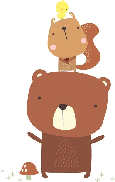 Lindo Oso Ardilla Ilustración Con Pajarito Estilo Dibujado Mano Puede — Vector de stock