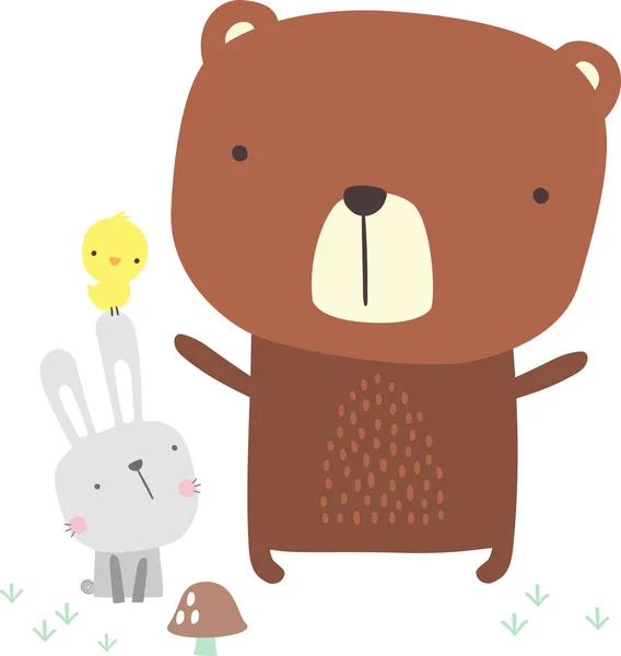 Roztomilý Medvěd Bunny Ilustrace Ptáček Ručně Tažené Stylu Lze Použít — Stockový vektor