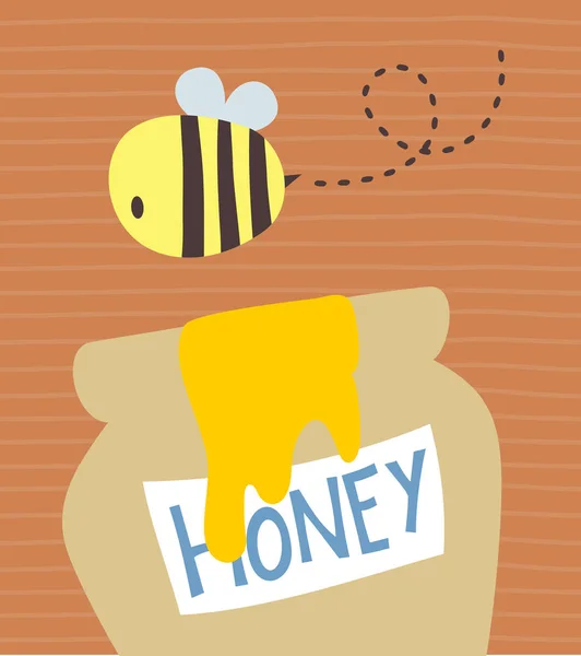 Illustration Der Niedlichen Biene Und Honigdose Auf Gestreiftem Hintergrund — Stockvektor