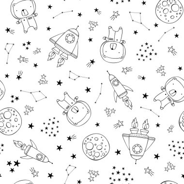 sevimli astrunaut ayı, uzay gemisi ve siyah beyaz yıldız ile Seamless modeli. modern elle çizilmiş tarzı. Bebekler ve çocuklar için tasarım