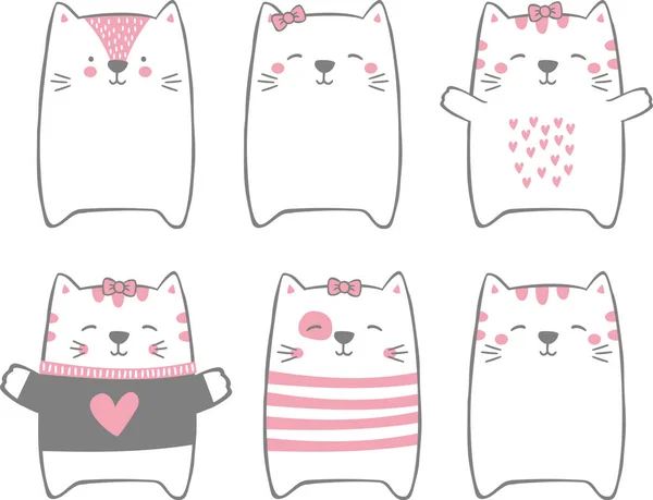 Conjunto Lindos Gatos Divertidos Aislados Blanco Moderno Estilo Dibujado Mano — Vector de stock