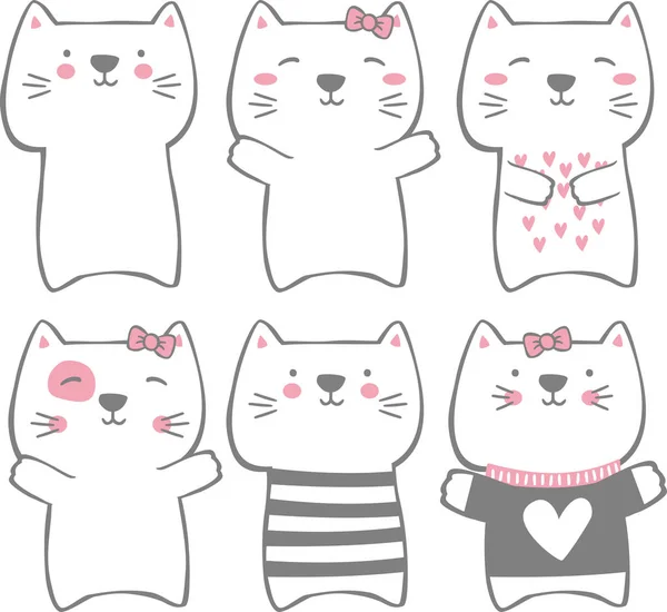 Набор Милых Забавных Кошек Изолированных Белом Современный Стиль Ручной Работы — стоковый вектор