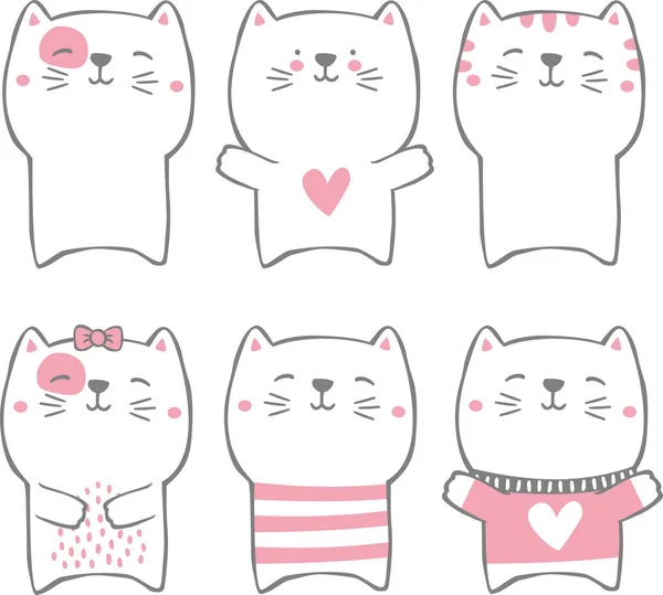 Conjunto Lindos Gatos Divertidos Aislados Blanco Moderno Estilo Dibujado Mano — Vector de stock