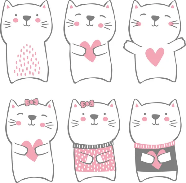 Conjunto Lindos Gatos Divertidos Aislados Blanco Moderno Estilo Dibujado Mano — Vector de stock