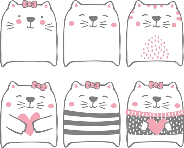 Conjunto Lindos Gatos Divertidos Aislados Blanco Moderno Estilo Dibujado Mano — Vector de stock