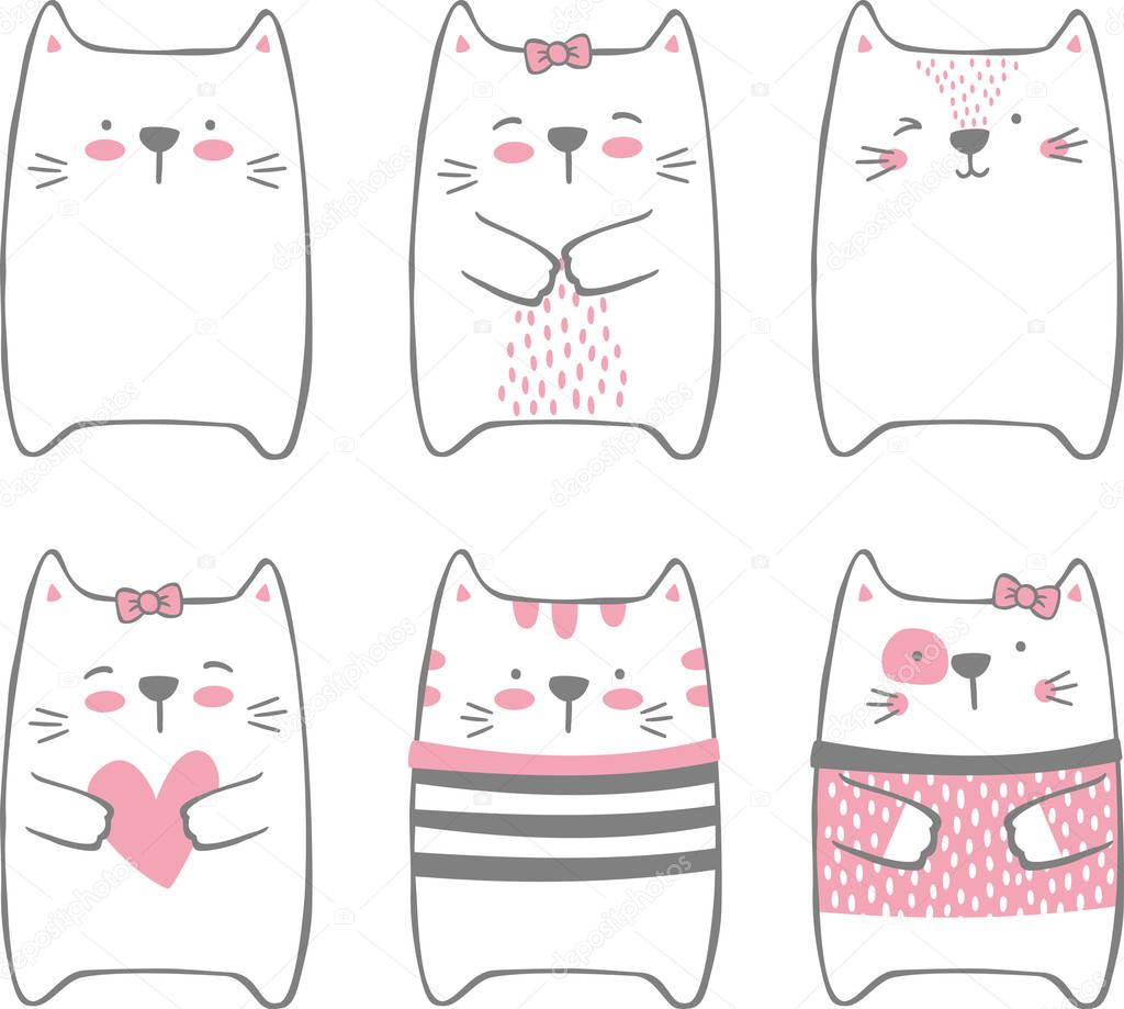 set of cute funny cats isolated on white. modern hand drawn style. design for baby and child