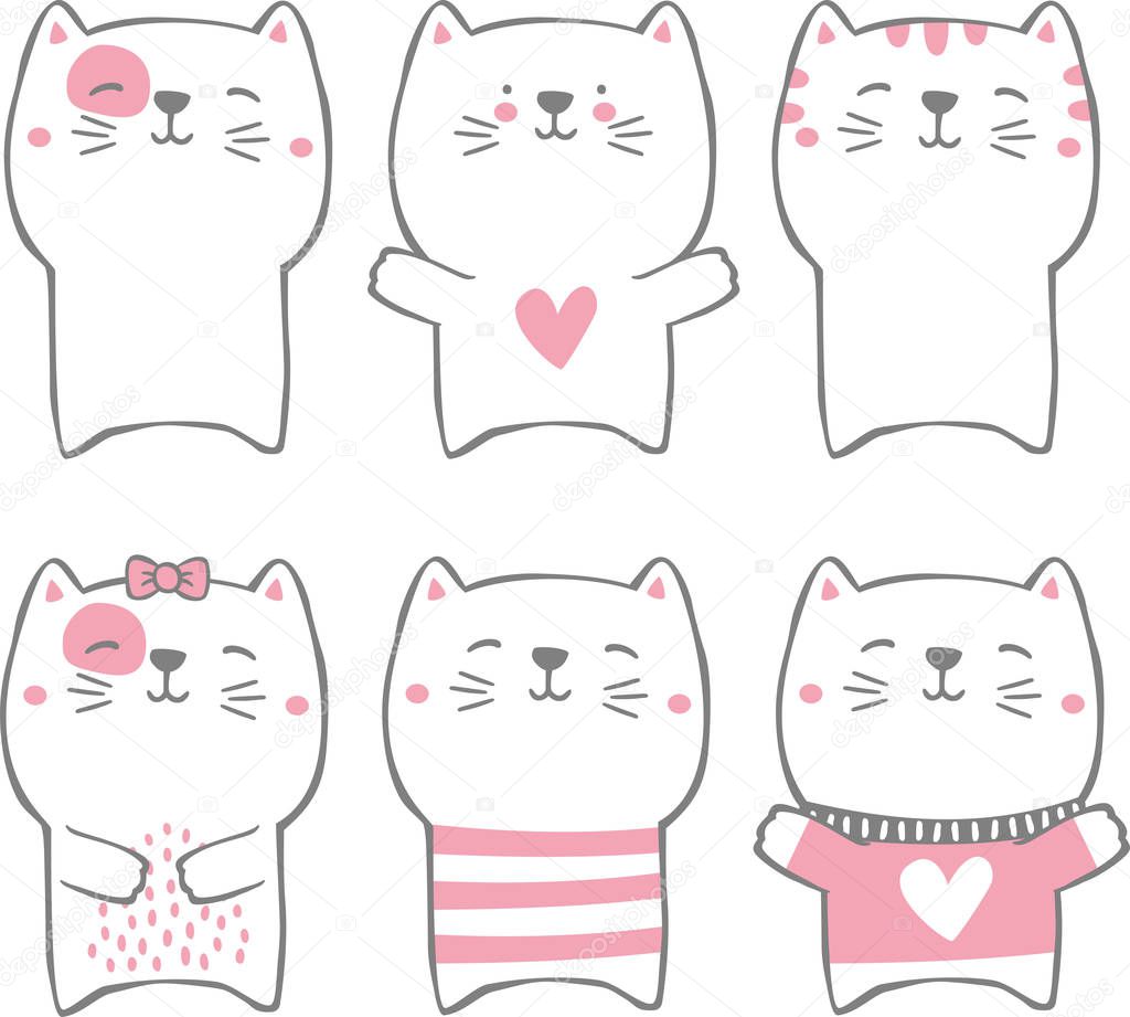 set of cute funny cats isolated on white. modern hand drawn style. design for baby and child