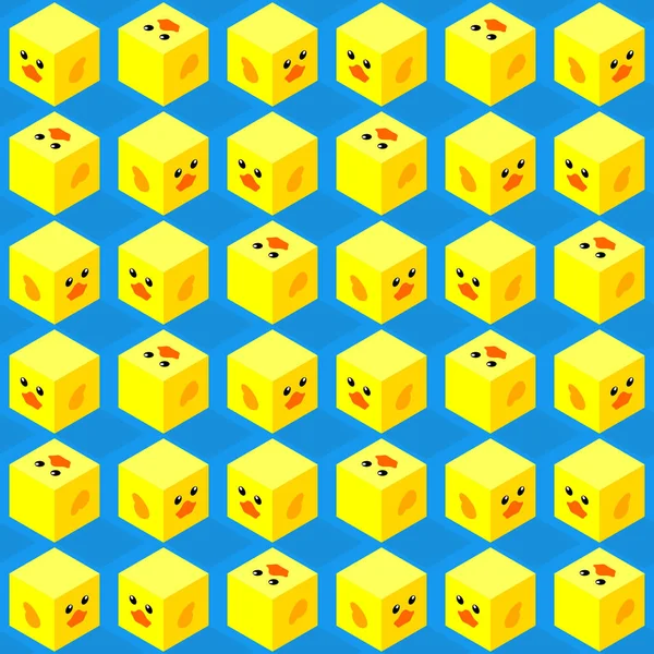 无缝的等距立方体的无缝的样式与平面设计可爱的鸭子面孔在蓝色背景 — 图库矢量图片