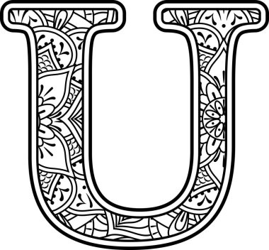 boyama için mandala sanat tarzı karalama süsler ve tasarım öğeleri ile siyah ve beyaz ilk u. Beyaz arka planda yalıtılmış