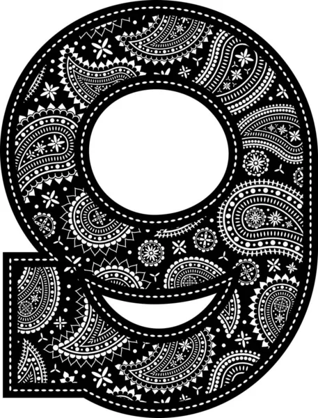 Nummer Mit Paisley Muster Stickereistil Schwarzer Farbe Isoliert Auf Weiß — Stockvektor
