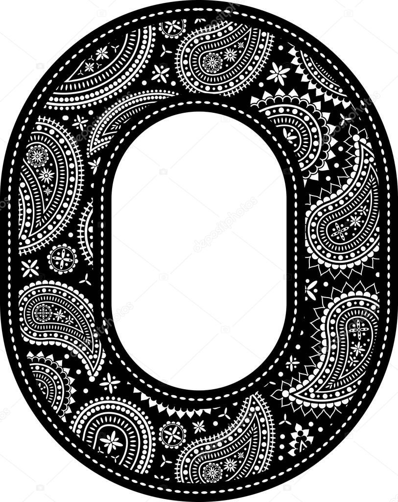 number 0 with paisley pattern design. Embroidery style in black color. Isolated on white