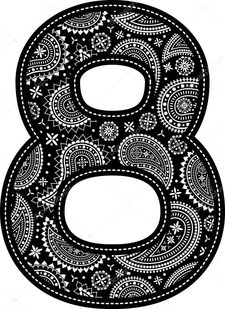 number 8 with paisley pattern design. Embroidery style in black color. Isolated on white