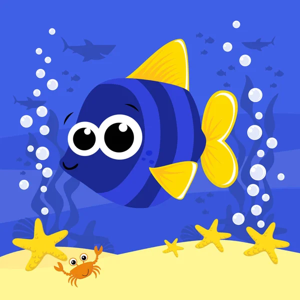 Lindo Bebé Peces Ilustración Dibujos Animados Con Burbujas Bajo Fondo — Vector de stock