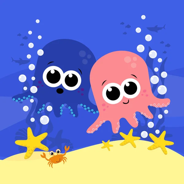 可爱的章鱼宝宝卡通画与气泡和海底背景 婴儿和儿童设计 — 图库矢量图片