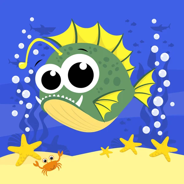 Roztomilé Dítě Rybí Kreslené Ilustrace Bublinami Pod Mořským Pozadím Design — Stockový vektor